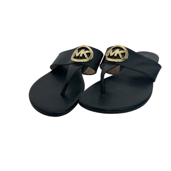 Michael Kors Women Black Leather Thong Sandals W/ Gold Logo Size 9.5M - Picture 9 of 11